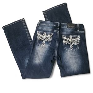 Soundgirl Distressed Bootcut Strecth Jeans Sz 13 Flap Pockets Angel Wings